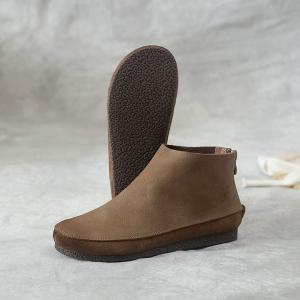 Back Zip Leather Ankle Boots Soft Comfy Flat Footwear