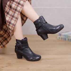 Chunky High Heels Leather Boots Buckle Strap Designer Boots