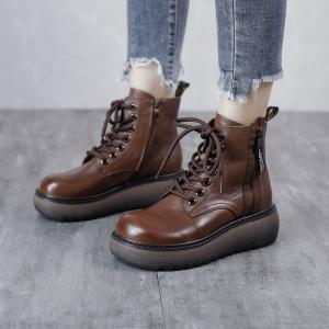 Side Zip Wedge Boots Hippie Style Leather Tied Boots