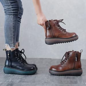 Side Zip Wedge Boots Hippie Style Leather Tied Boots