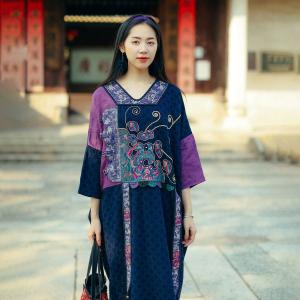 Loose- Fit Embroidered Midi Dress Cotton Linen Chinese Dress