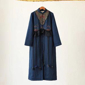 Mandarin Collar Blue Embroidery Puffer Flouncing Tassel Designer Coat