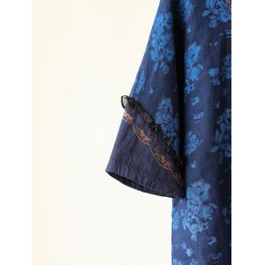 Flowers Printed Blue Shift Coat Flouncing Sleeves Embroidery Coat