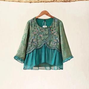 Flouncing Hem Floral Blouse Chinese Embroidery Clothing
