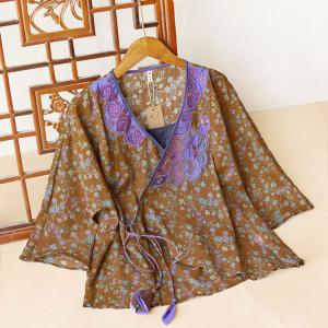 Butterfly Embroidery Floral Blouse Ramie Short Tied Kimono