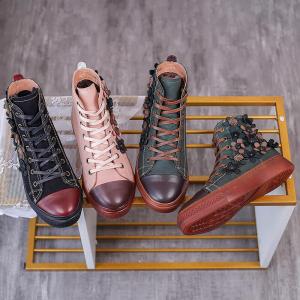 Flowers Applique Plush Boots Lace Up Leather Sneaker Boots