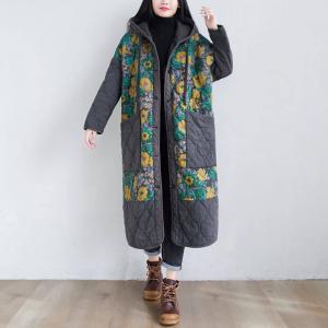 Yellow Flowers Winter Hooded Coat Plus Size Quilted Long Coat