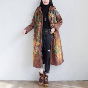 Yellow Flowers Winter Hooded Coat Plus Size Quilted Long Coat