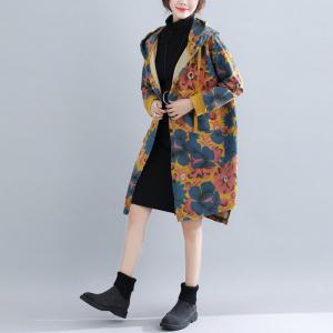 Colorful Flowers Hooded Trench Coat Midi Wind Coat
