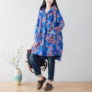 Colorful Flowers Hooded Trench Coat Midi Wind Coat