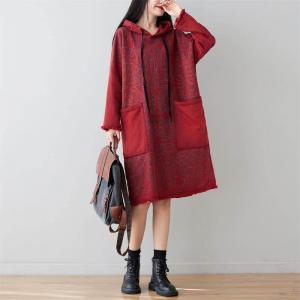 Front Pockets Printed Hooded Dress Cotton Fringed Knee Length Dress