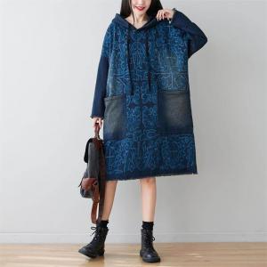 Front Pockets Printed Hooded Dress Cotton Fringed Knee Length Dress