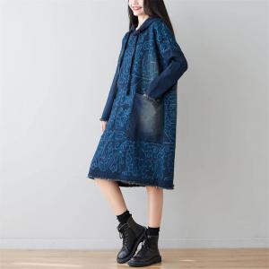Front Pockets Printed Hooded Dress Cotton Fringed Knee Length Dress