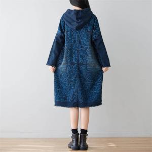 Front Pockets Printed Hooded Dress Cotton Fringed Knee Length Dress