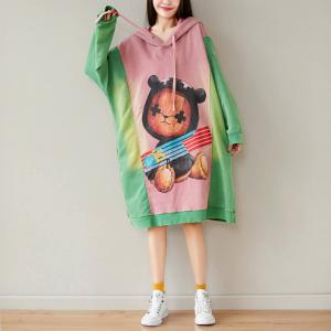 Cute Bear 90s Hooded Dress Contrast Colors Plus Size Dress