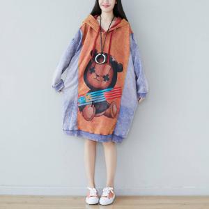 Cute Bear 90s Hooded Dress Contrast Colors Plus Size Dress