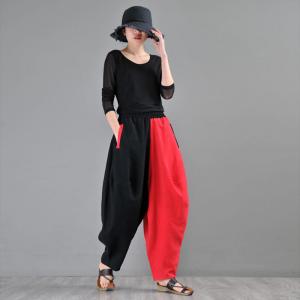 Red Contrast Cotton Linen Pants Designer Hippie Baggy Pants