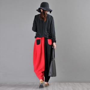 Red Contrast Cotton Linen Pants Designer Hippie Baggy Pants