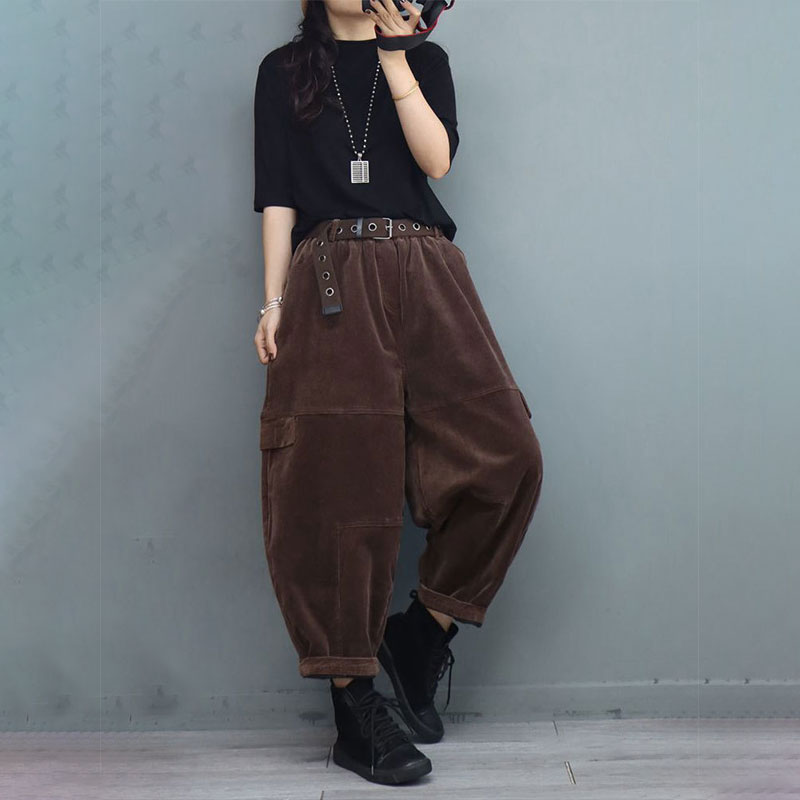 Plus Size Corduroy Pants Fleeced Winter Carrot Pants in Dark