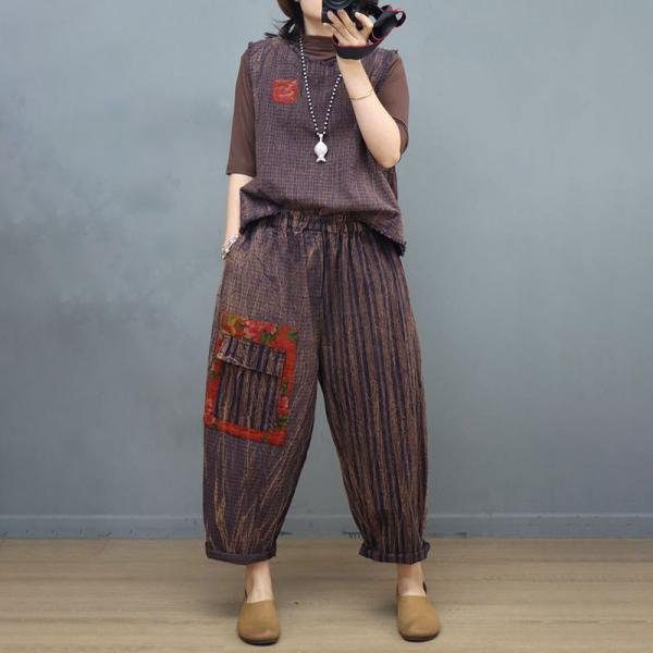 Chunky Linen Fringed Vest with Patchwork Pocket Baggy Pants