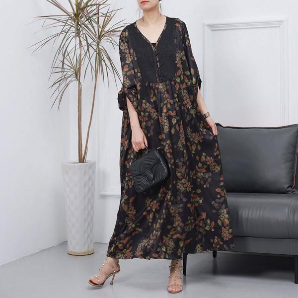 V-Neck Black Floral Dress Silk Loose Decent Dress