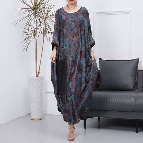 Tassel Pocket Printed Blue Caftan Plus Size Modest Abaya