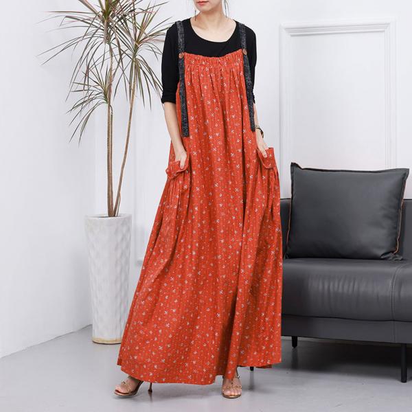 Summer Maxi Dotted Overall Dress Cotton Linen Orange Beachwear