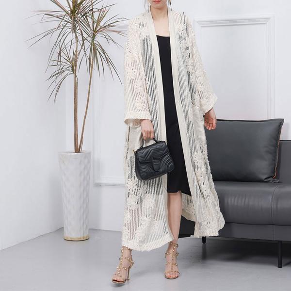 Elegant Flowers Crochet Cardigan Business Knit Overcoat