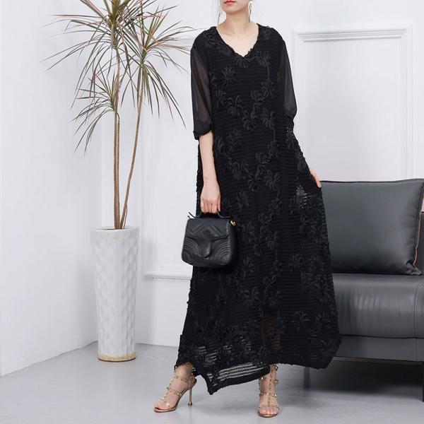 V-Neck Applique Black Dress Elegant Sheer Dress