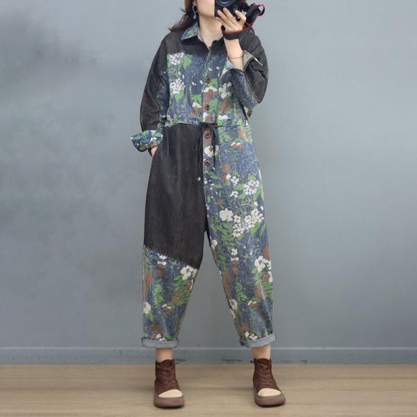 Tie Waist Floral Jumpsuits Button Down Long Sleeves Coveralls