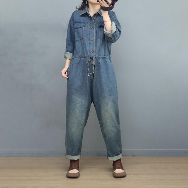 Chest Pocket Long Sleeves Tied Jumpsuits Denim Working Coveralls