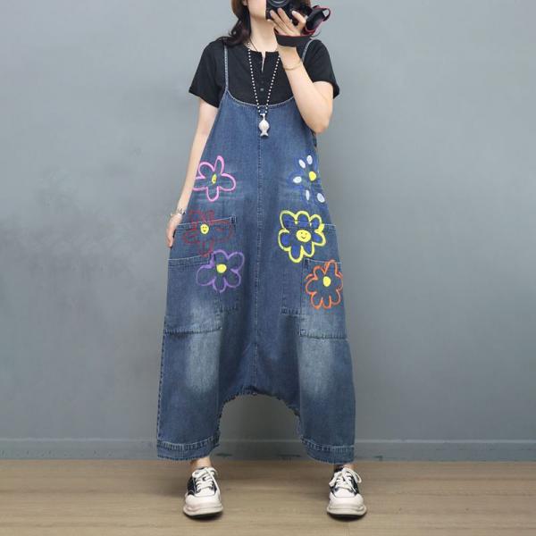 Low Crotch Flower Painted Overalls Stone Wash Slip Overalls