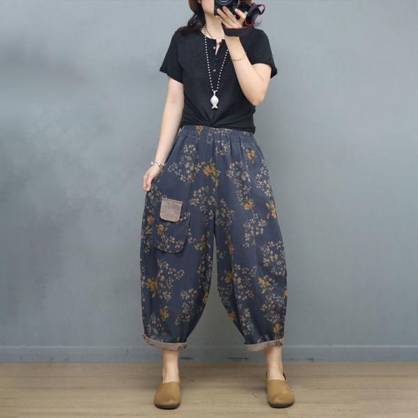 Patched Pocket Summer Floral Pants Cotton Linen Ankle Pants