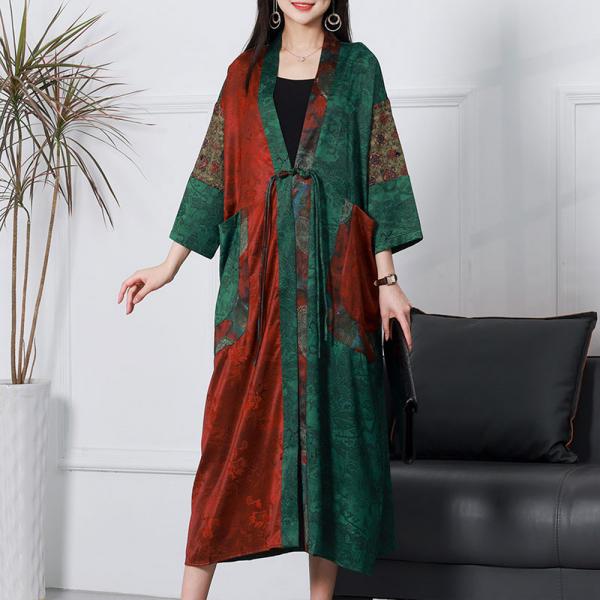 Pankou Front Tied Kimono Silky Printed Chinese Wrap Cardigan