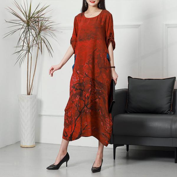 Plum Blossom Silk Caftan Dress Senior Women Cocoon Dress