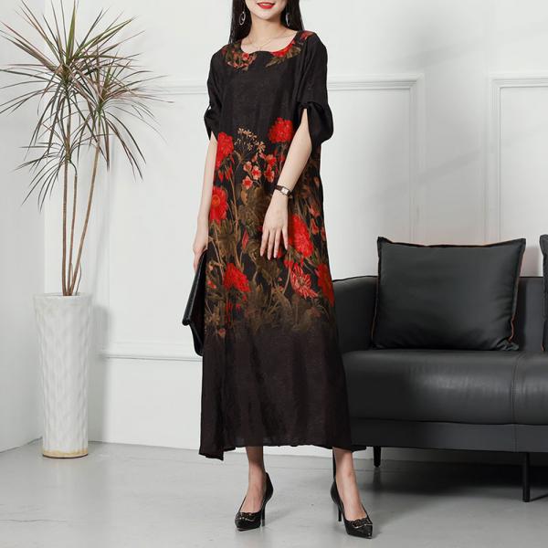 Red Flowers Silk Concert Dress Loose Elegant Black Dress