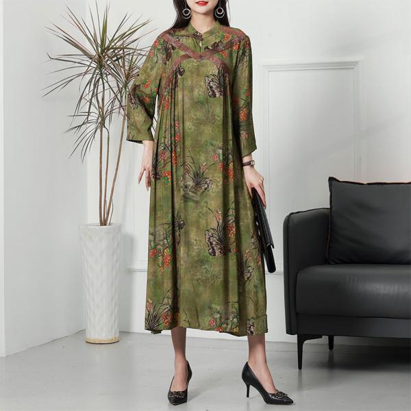 Flowers Painted Modern Cheongsam Silk Loose Qipao Dress