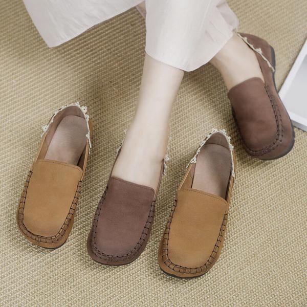 Lace Splicing Casual Leather Flats Round Toe Mom Flats