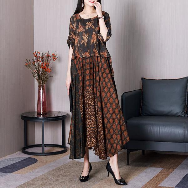 Maple Leaf Printed Maxi Dress Loose Silk 50s Swing Dress