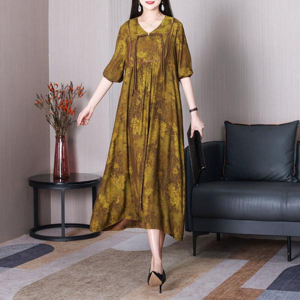 Puff Sleeves Tassel Silk Dress Floral Loose Resort Wear