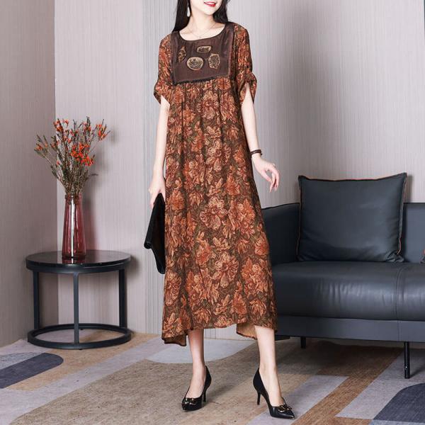 Flowers Patchwork Printed Elegant Dress Mulberry Silk Spring Outfits
