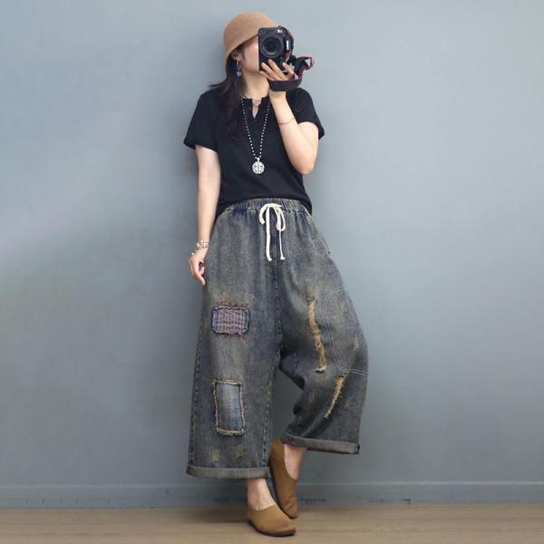 Boyfriend Style Patchwork Baggy Jeans Straight Legs Ripped Jeans