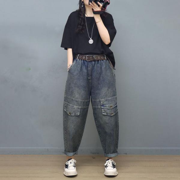 Flap Pockets Stone Wash Jeans Elastic Waist Carrot Jeans