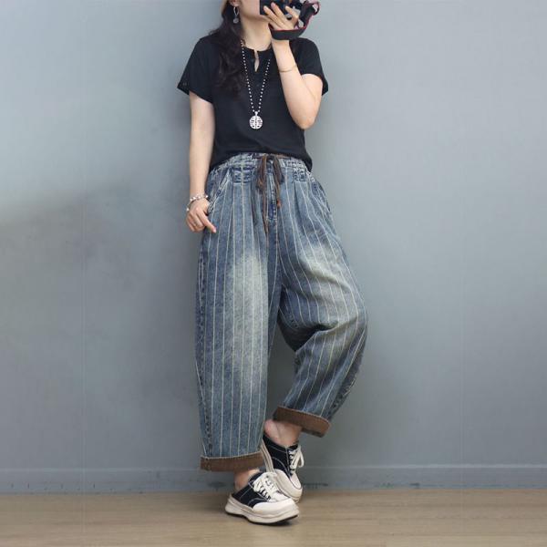 Drawstring Waist Striped Pants Stone Wash Boyfriend Jeans