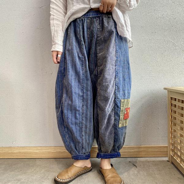 Patchwork Blue Striped Pants Stone Wash Casual Baggy Jeans