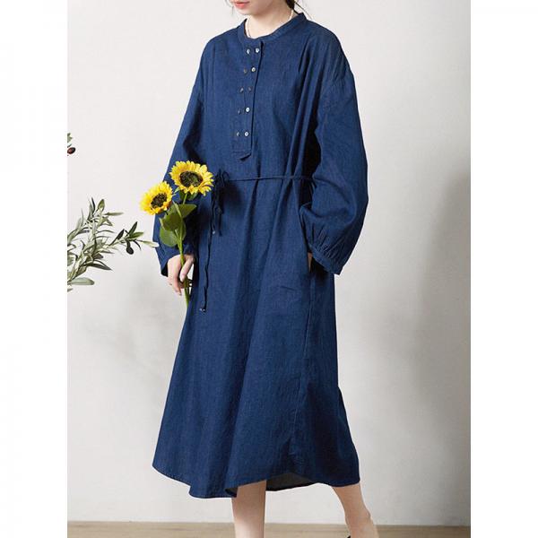 Long Sleeves Blue Denim Dress Cotton Belted Dress