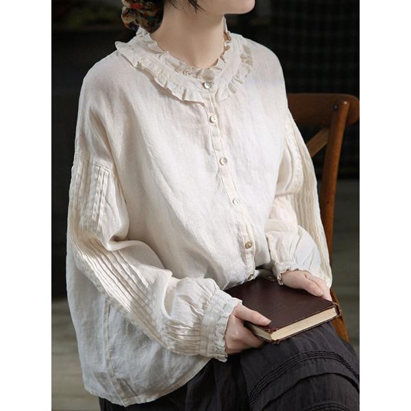 Pleated Sleeves Oversized Blouse Flouncing Collar Linen Shirt