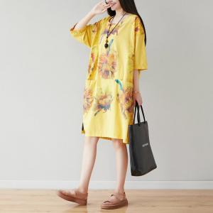 Big Flowers Yellow Knee Length Dress Oversized Casual T-shirt Dress