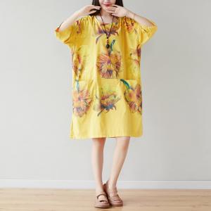 Big Flowers Yellow Knee Length Dress Oversized Casual T-shirt Dress