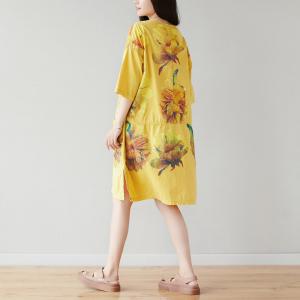 Big Flowers Yellow Knee Length Dress Oversized Casual T-shirt Dress
